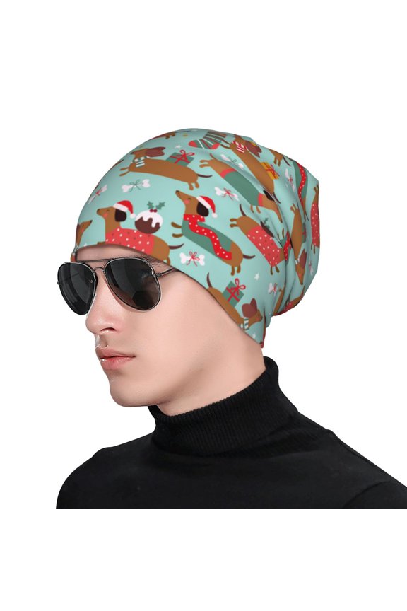 Dachshund Christmas Play Print Beanie Knitted Hat for Men Women, Winter Fashion Knit Cuffed Caps Unisex