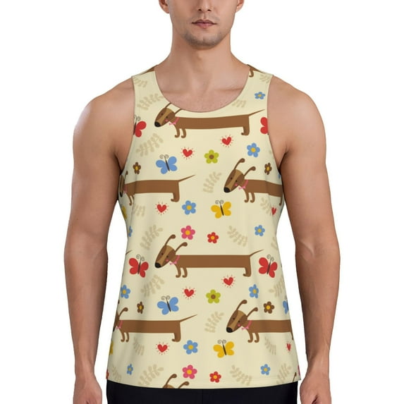 Xecao Dachshund Dog And Flower Men's Tank Top Workout Quick Dry Sleeveless Gym Jogging Muscle Shirts Summer Swim Beach Tops