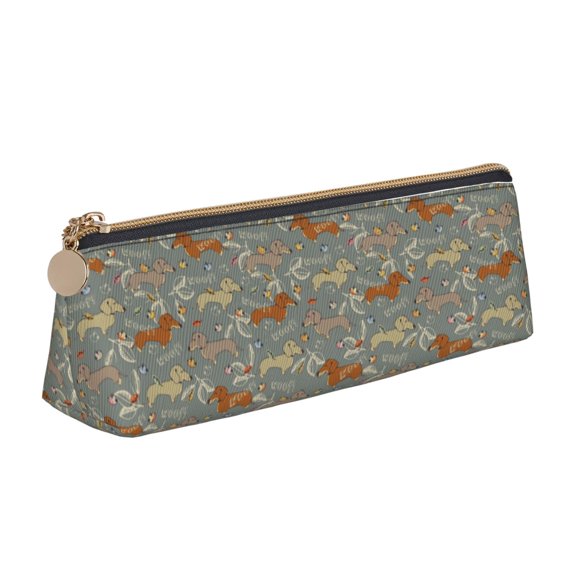 Xecao Dachshund Dog Bird Print Leather Pencil Case -Stationery Bag Pen Holder for Work & Office