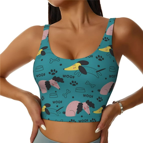 Xecao Dachshund Dog for Sports Bra with Removable Pads, Crop Tank Top Design, Women's Longline Sports Bra - Non-Wired - Medium