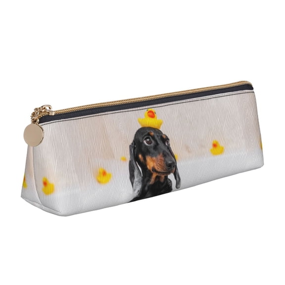 Xecao Dachshund Sitting in Bathtub Print Leather Pencil Case -Stationery Bag Pen Holder for Work & Office