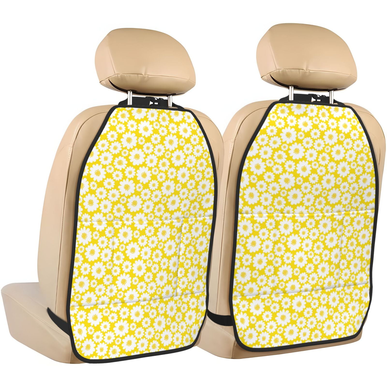 Xecao Daisies Flowers Pattern Car Seat Back Protector 2 Pack Large Capacity Pocket, Kick Mats Back Seat Protector