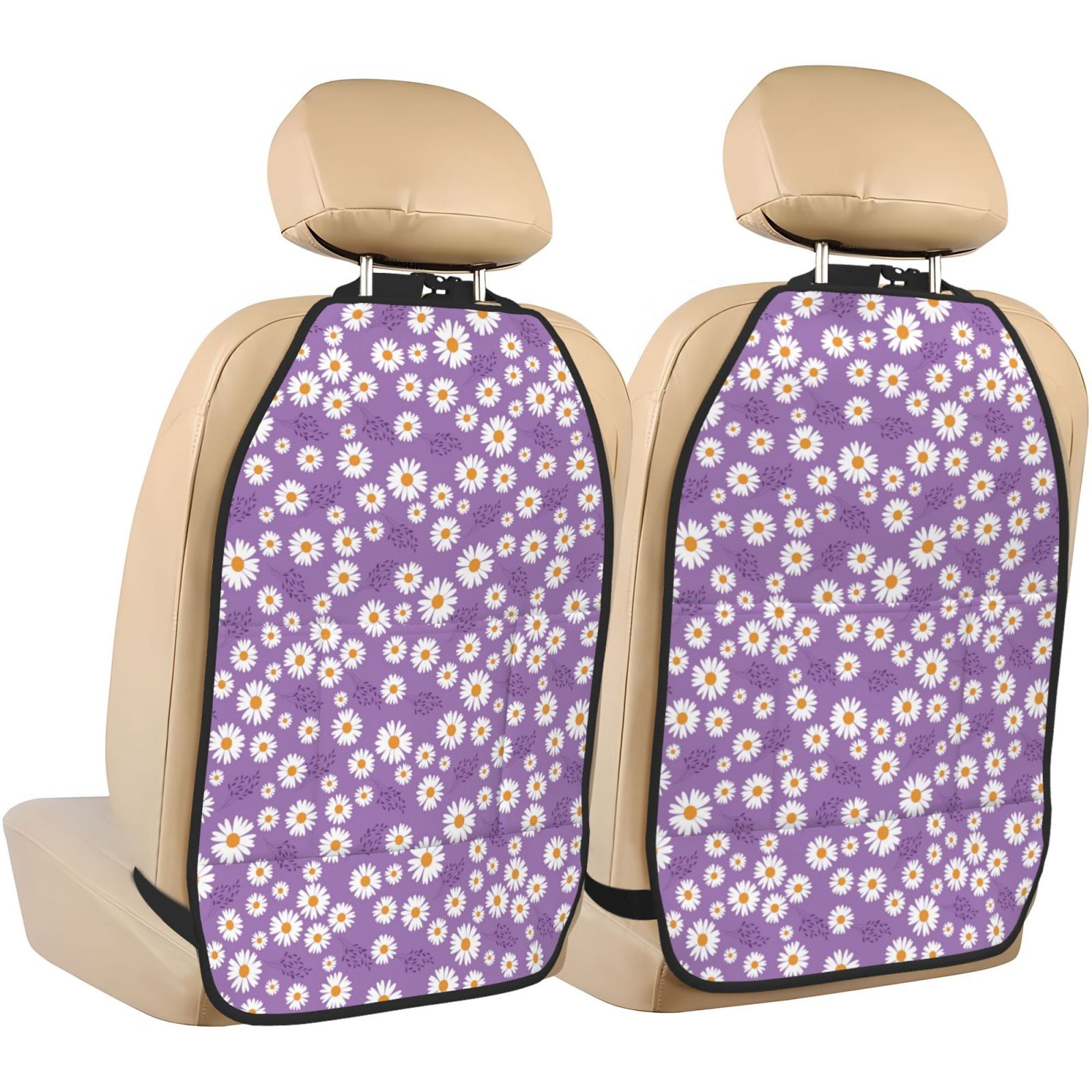 Xecao Daisies Flowers Pattern Car Seat Back Protector 2 Pack Large Capacity Pocket, Kick Mats Back Seat Protector