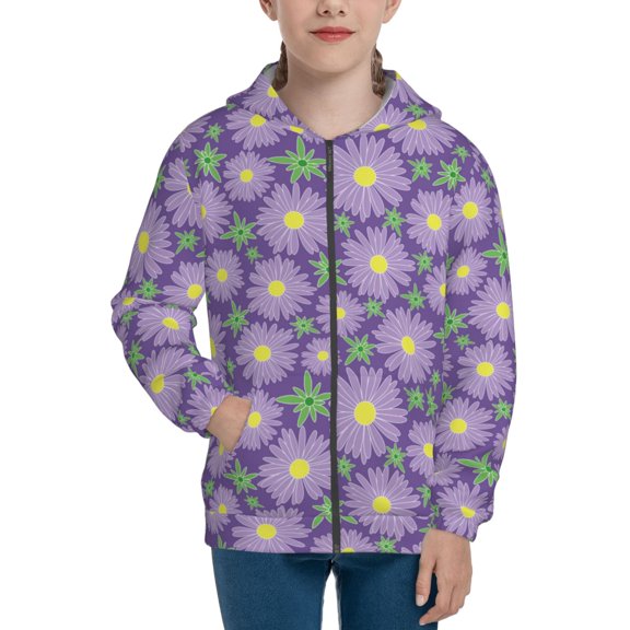 Xecao Daisies Flowers Pattern Zip Up Hoodies for Boys Girls, Sweatshirt with Pockets-Small