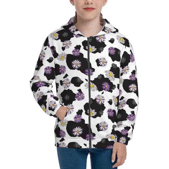 Xecao Daisies Flowers Pattern Zip Up Hoodies for Boys Girls, Sweatshirt with Pockets-Small