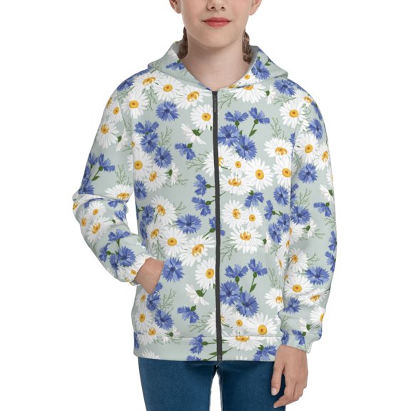 Xecao Daisies Flowers Pattern Zip Up Hoodies for Boys Girls, Sweatshirt with Pockets-Small