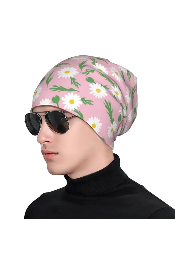 Daisies Flowers Print Beanie Knitted Hat for Men Women, Winter Fashion Knit Cuffed Caps Unisex
