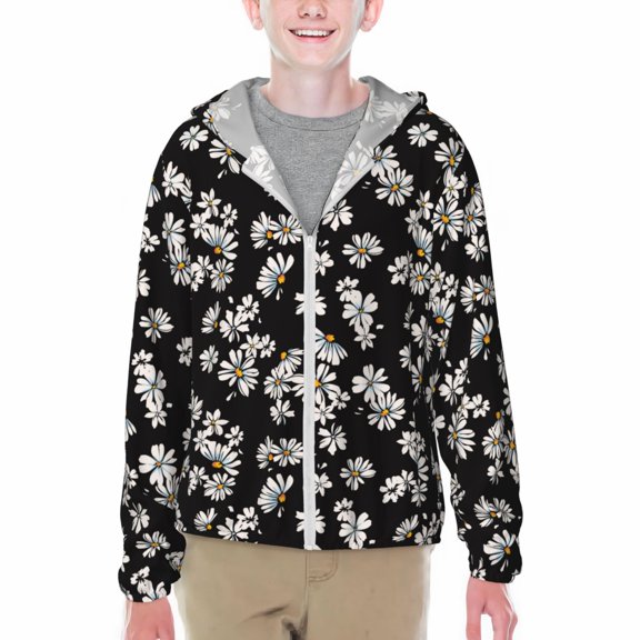Xecao Daisies Flowers Print Fishing Shirts for teenager Long Sleeve UV Sun Protection Hoodie with Zipper Outdoor Hiking Shirts-Small