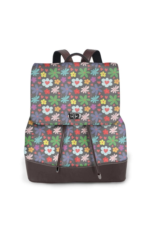 Daisies Flowers Print Large Backpack Soft Leather for Women Travel with Compartment, Adjustable Convertible Strap