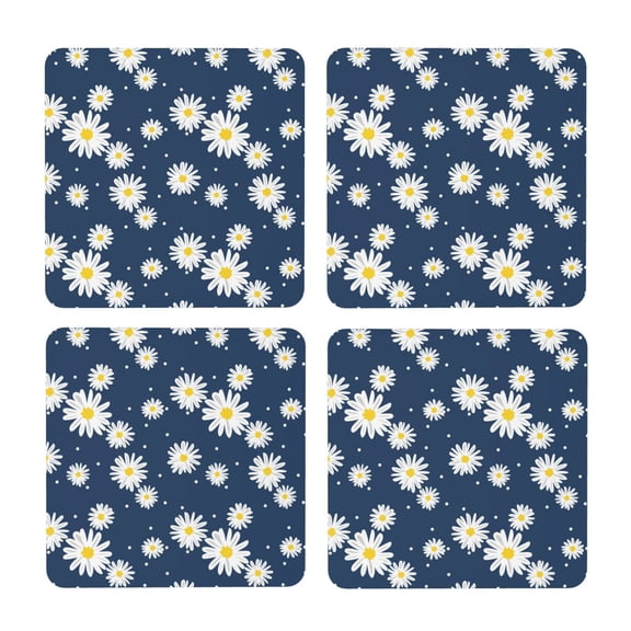 Xecao Daisies Flowers for MDF Cork Coaster 4 Pcs,Drink Coasters,Suit for House Warming Gifts New Home ,Coffee Table Decor-Square