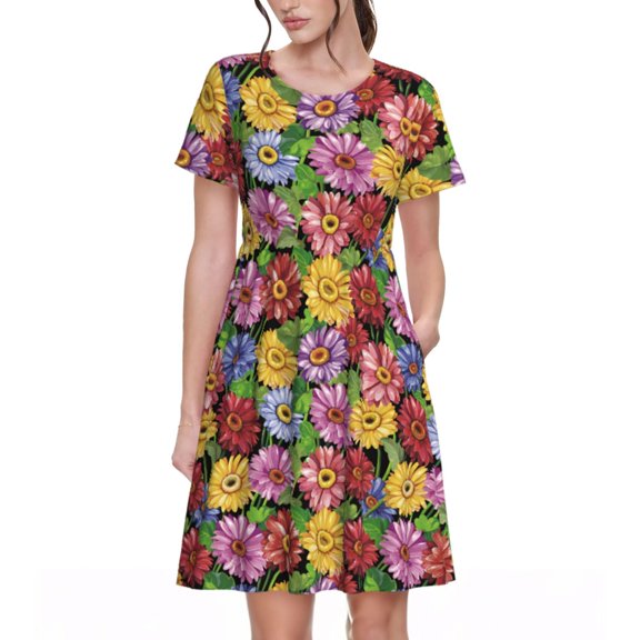 Xecao Daisies Flowers for Women Summer Short Sleeve Midi Dress with Pockets Casual Aline Flowy Tshirt Dress Vocation Beach Sundress