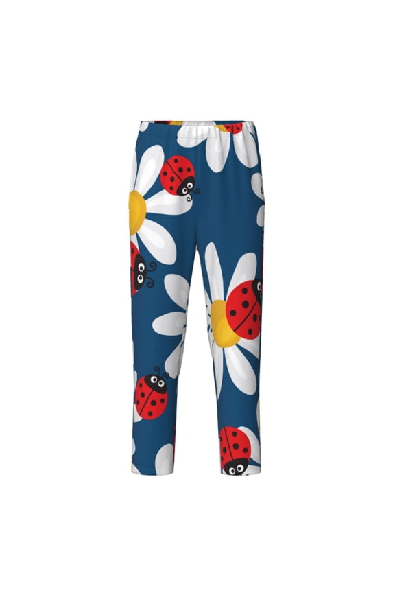 Daisies With Ladybugs Print Teenagers' Pajama Pants Long Sleep Pants Soft Elastic Waist Pajama Bottoms Elastic waist with 2 Pockets 5-16 Years-Medium