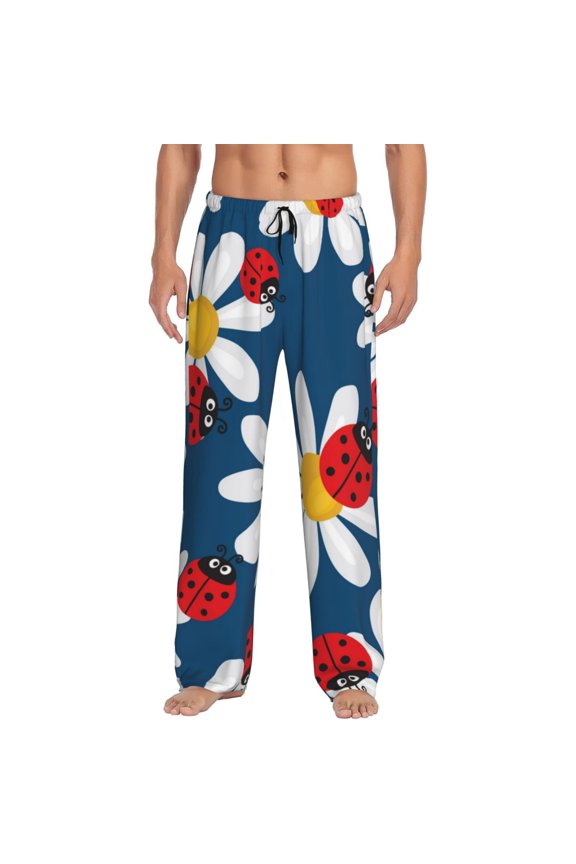 Daisies With Ladybugs Print Men's Straight Lounge Pajama Pants - The Ultimate in Comfortable Sleepwear-Medium