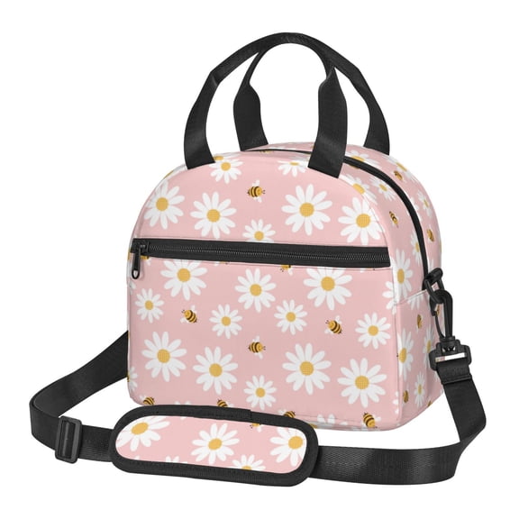 Xecao Daisy And Bee Print Insulated Lunch Box, Lunch Cags Lunch Bag Featuring An Adjustable Shoulder Strap