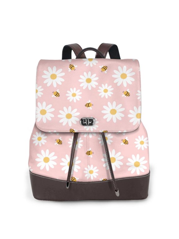 Daisy And Bee Print Large Backpack Soft Leather for Women Travel with Compartment, Adjustable Convertible Strap