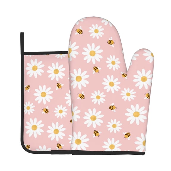 Xecao Daisy And Bee Pattern Oven Mitts and Pot Holders Sets Heat Resistant Silicone Oven Mittens Extra Thicken Long Kitchen Cotton Oven Glove for Cooking