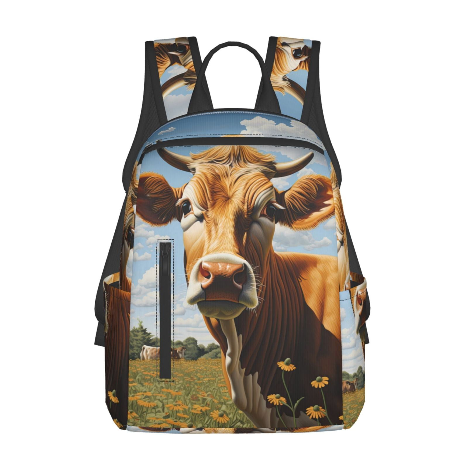 Xecao Daisy Flower Field Cow print Backpack For women men Aesthetic Lightweight Travel Daypack Simple Cute Backpack For Bookbag