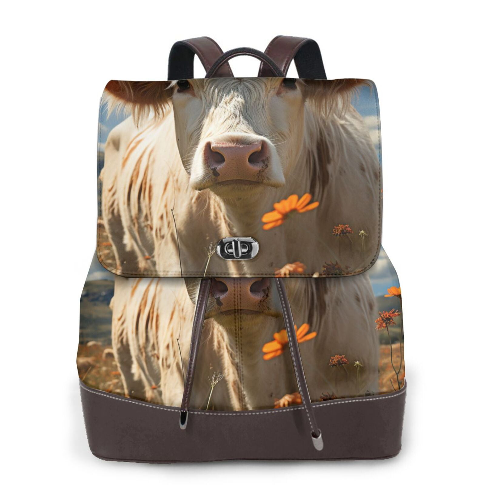 Xecao Daisy Meadow Cow Print Large Backpack Soft Leather for Women Travel with Compartment, Adjustable Convertible Strap