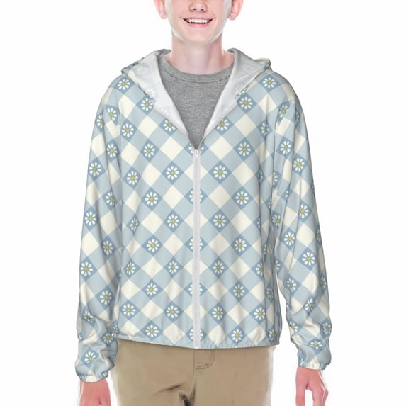Xecao Daisy Plaid Blue Print Fishing Shirts for teenager Long Sleeve UV Sun Protection Hoodie with Zipper Outdoor Hiking Shirts-X-Large