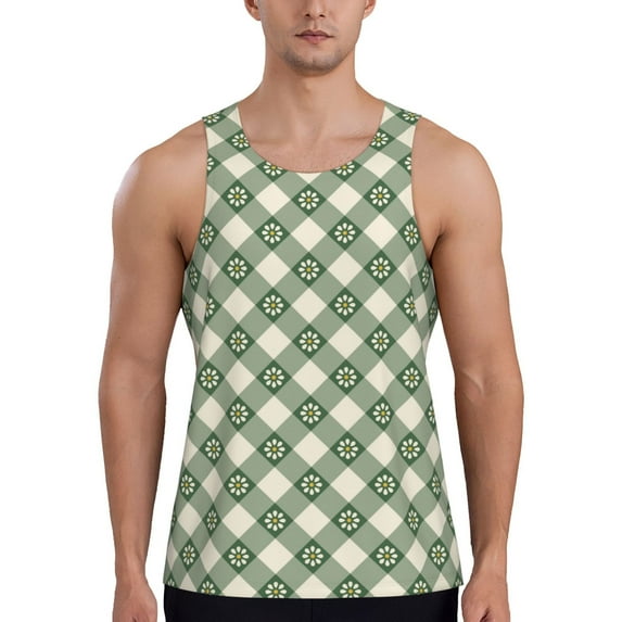 Xecao Daisy Plaid Green Men's Tank Top Workout Quick Dry Sleeveless Gym Jogging Muscle Shirts Summer Swim Beach Tops