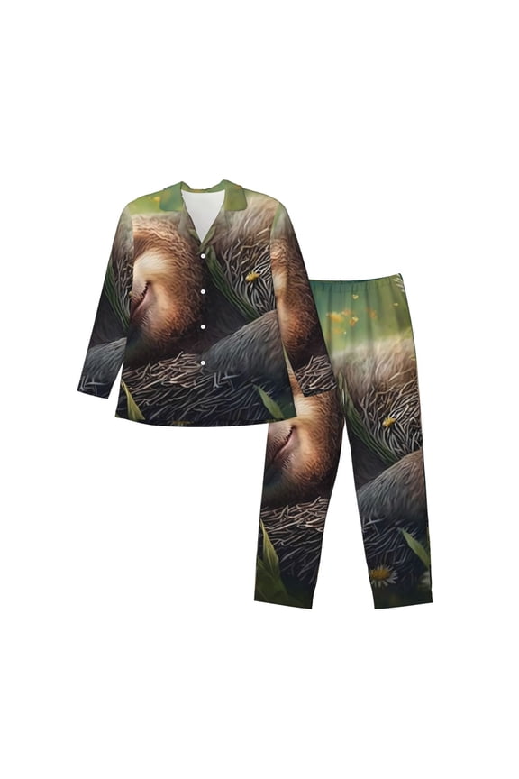 Daisy Sleeping Sloth Print Pajamas Set Mens Pajamas Long Sleeve Loungewear Two-Piece Sleepwear Button-Down Pjs Set,2PJS-Small