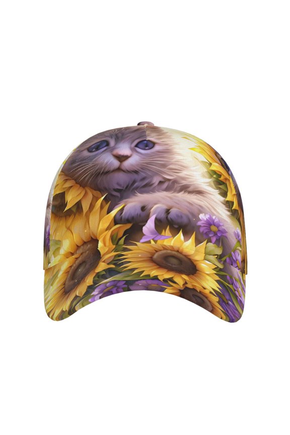 Daisy Sunflower Lazy Cat for Baseball Cap: Unisex, crafted from classic polyester twill fabric, featuring a soft unconstructed design