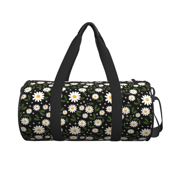 Xecao Daisy print Round Travel Duffel Bag is a foldable gym bag with an inner pocket, perfect for travel sports