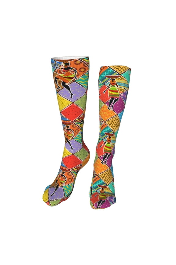 Dancing African Womans Print Calf Socks Seamless Toe, Knee High Long Socks, Sports Socks Trouser Socks for Women and Men-One Size