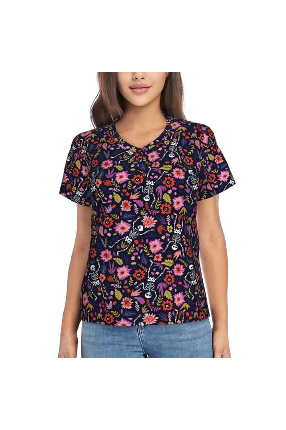 Dancing Skeletons Floral Garden for Women's V-Neck T-Shirts-Elegant Half-Sleeve Tops Perfect for Summer-XX-Large