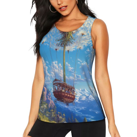 Xecao Dandelion Hot Air Balloon Print Women's Scoop Neck, Loose-Fit Workout Tank Tops for The Gym,Sleeveless T-shirt-
