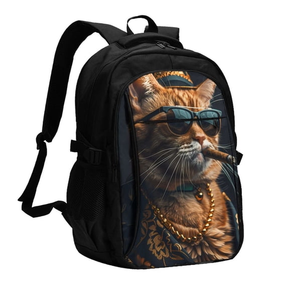 Xecao Dapper Cat in Sunglasses for Travel Laptop Backpack, USB-Charging-Enabled, Spacious Business Backpack for Men and Women,College School Computer Bag