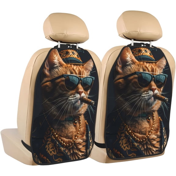 Xecao Dapper Cat in Sunglasses Pattern Car Seat Back Protector 2 Pack Large Capacity Pocket, Kick Mats Back Seat Protector