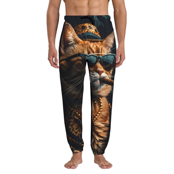 Xecao Dapper Cat in Sunglasses Print Active Tech Joggers for Men, Mens Sweatpants Lounge Pants with Pockets-Small