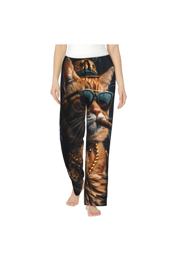 Dapper Cat in Sunglasses Print Women's Straight Lounge Pajama Pants,The Epitome of Relaxed Sleepwear-