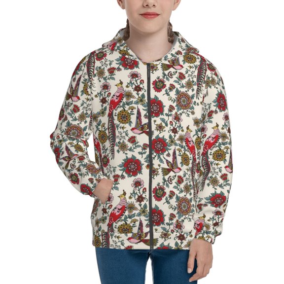 Xecao Dark Enchanted Flowers And Birds Pattern Zip Up Hoodies for Boys Girls, Sweatshirt with Pockets-Small