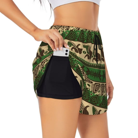 Xecao Dark Green Vintage Corn Pattern for Double-layer Running Short for Women, Perfect for Gym, Tennis, and More, Featuring a Convenient Pocket-Small