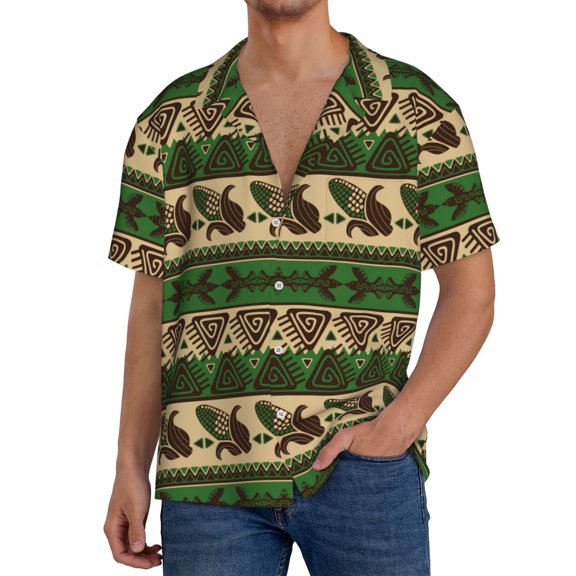 Xecao Dark Green Vintage Corn Pattern Men's Casual Short-sleeved Shirt, a button-up collared shirt with a pocket-Small