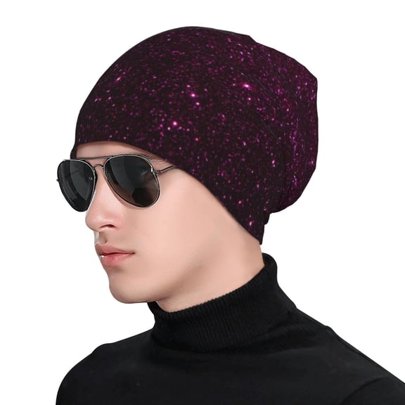 Xecao Dark Purple Glitter Print Beanie Knitted Hat for Men Women, Winter Fashion Knit Cuffed Caps Unisex