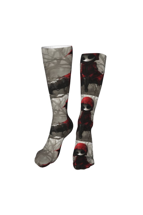 Dark Red Hooded Girl Print Calf Socks Seamless Toe, Knee High Long Socks, Sports Socks Trouser Socks for Women and Men-One Size