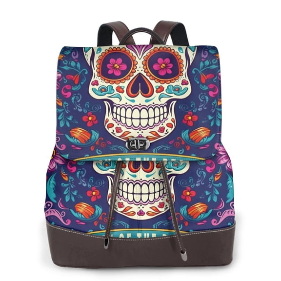 Xecao Dead Day Party Print Large Backpack Soft Leather for Women Travel with Compartment, Adjustable Convertible Strap