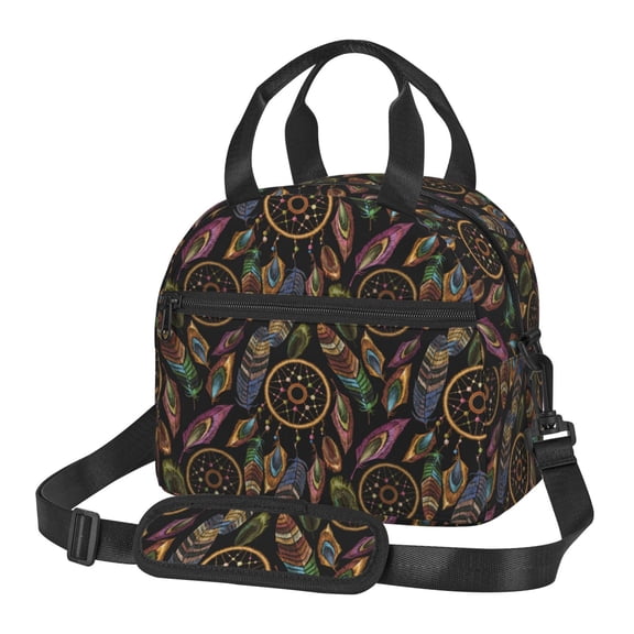 Xecao Decorative Feathers Print Insulated Lunch Box, Lunch Cags Lunch Bag Featuring An Adjustable Shoulder Strap