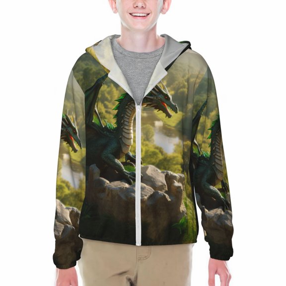 Xecao Deep Forest Stone Green Dragon Print Fishing Shirts for teenager Long Sleeve UV Sun Protection Hoodie with Zipper Outdoor Hiking Shirts-Large