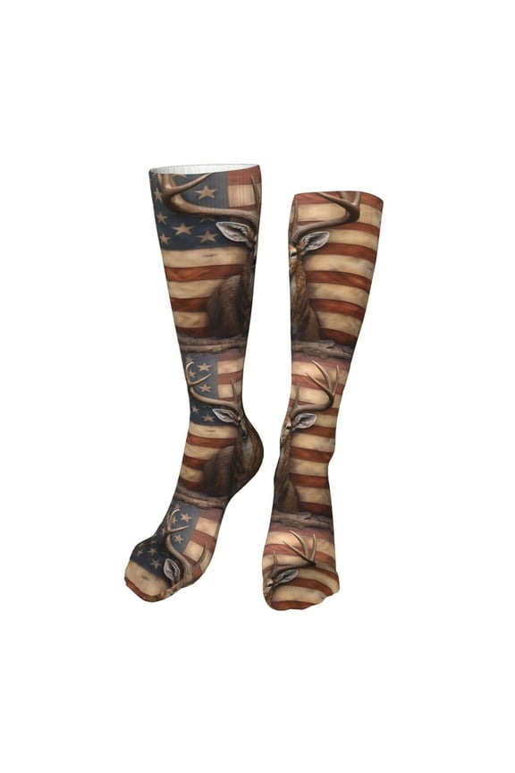 Deer American Flag Wall Print Calf Socks Seamless Toe, Knee High Long Socks, Sports Socks Trouser Socks for Women and Men-One Size