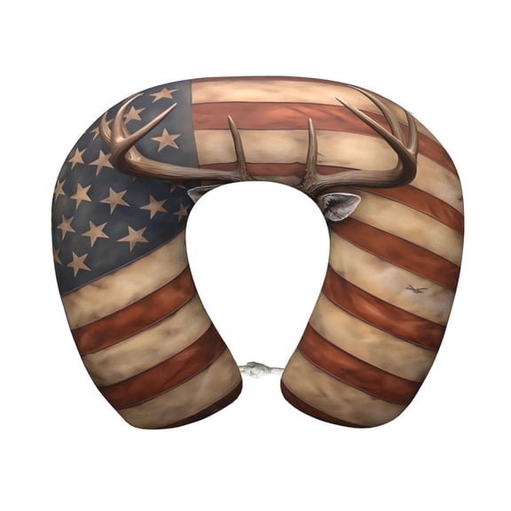 Xecao Deer American Flag Wall Print Memory Foam Cervical Neck Pillow Versatile U-Shaped Pillows for Home,Office,Camping,Travelling,Soft Washable Cover