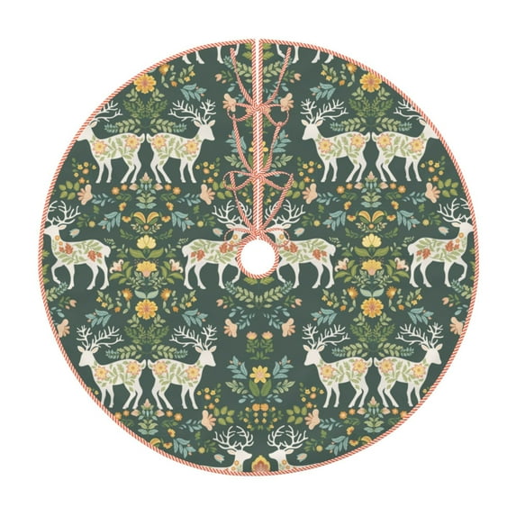 Xecao Deer And Flowers Pattern Christmas Tree Skirt Round Xmas Tree Mat Base Cover for Holiday Home Decorations-48"