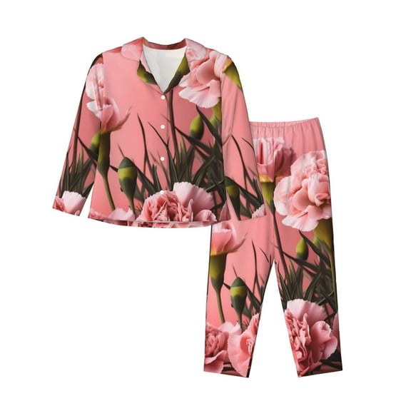 Xecao Delicate Pink Carnations A Print Women Pajamas Set Soft Sleepwear Pjs long Sleeve Button Down Nightwear with Long Pants
