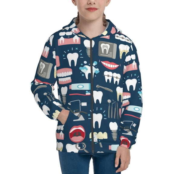 Xecao Dental Seamless Pattern Zip Up Hoodies for Boys Girls, Sweatshirt with Pockets-Small