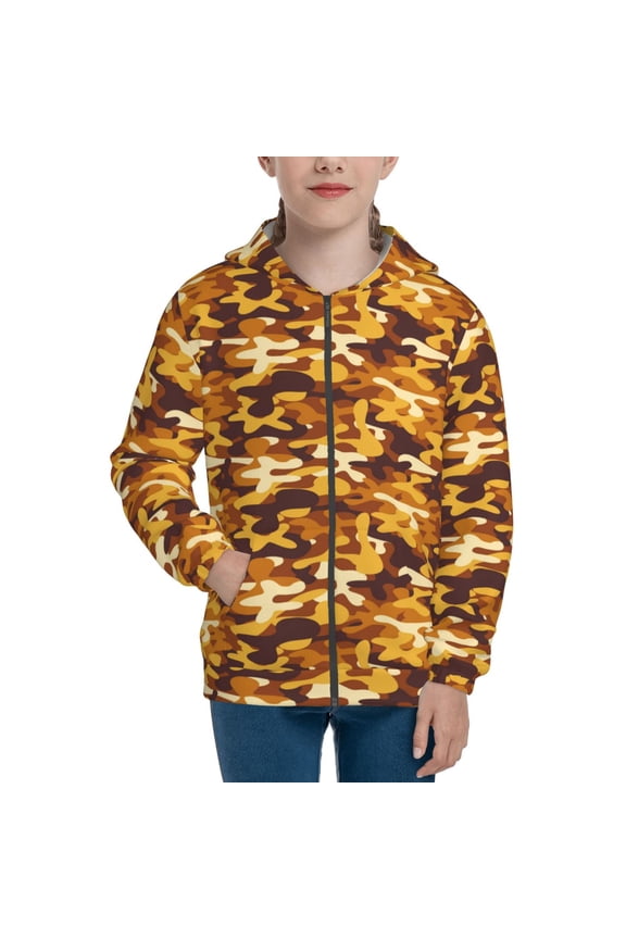 Desert Camouflage Pattern Zip Up Hoodies for Boys Girls, Sweatshirt with Pockets-Medium