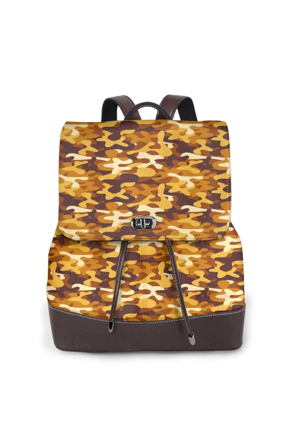 Desert Camouflage Print Large Backpack Soft Leather for Women Travel with Compartment, Adjustable Convertible Strap