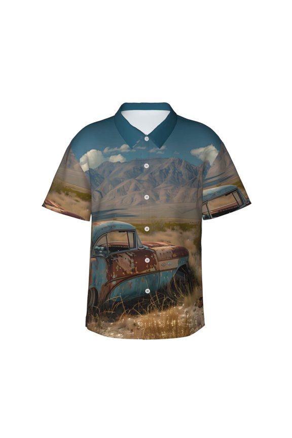 Deserted Classic Car Landscape Print Hawaiian shirt - A Stylish Short-Sleeve Button-Down for Men, Perfect for Casual Beach and Tropical Outings.,X-Large